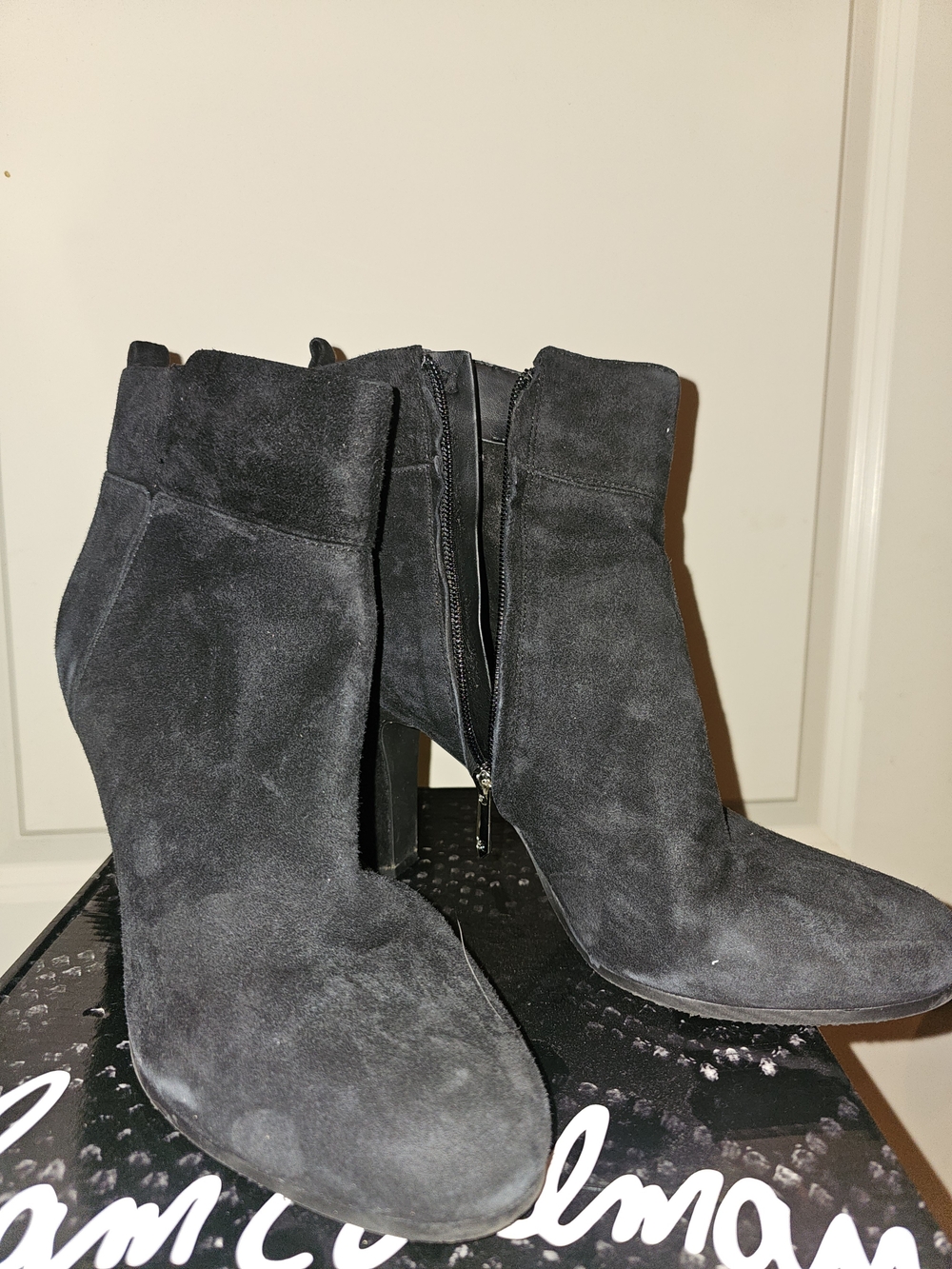 Sam Edelman Charcoal Black Suede Ankle Booties with Block Heel